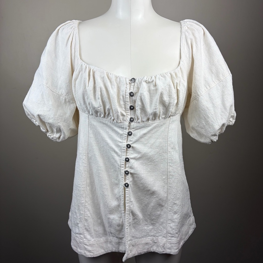 Free People Milkmaid Cottagecore Cream Puff-Sleeve Button Front Peasant Blouse